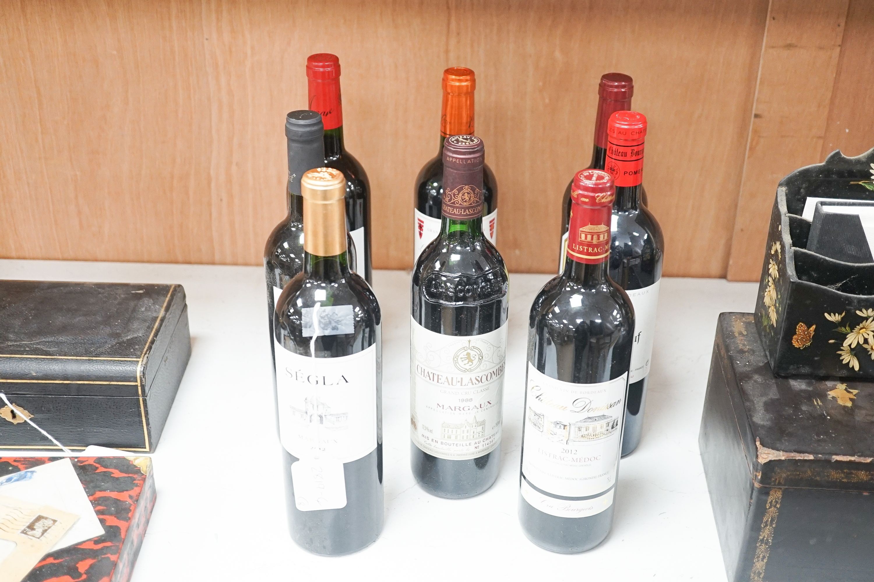 Seven assorted Bordeaux wines, including Segla, Margaux, 2012, Moulin de la Bridane, St. Julien, 2013, La CroixTaillefer, Pomerol, 2014, Borgneuf, Pomerol, 2008 and Lascombes, Margaux, 1988 and one bottle of Chateau Musa